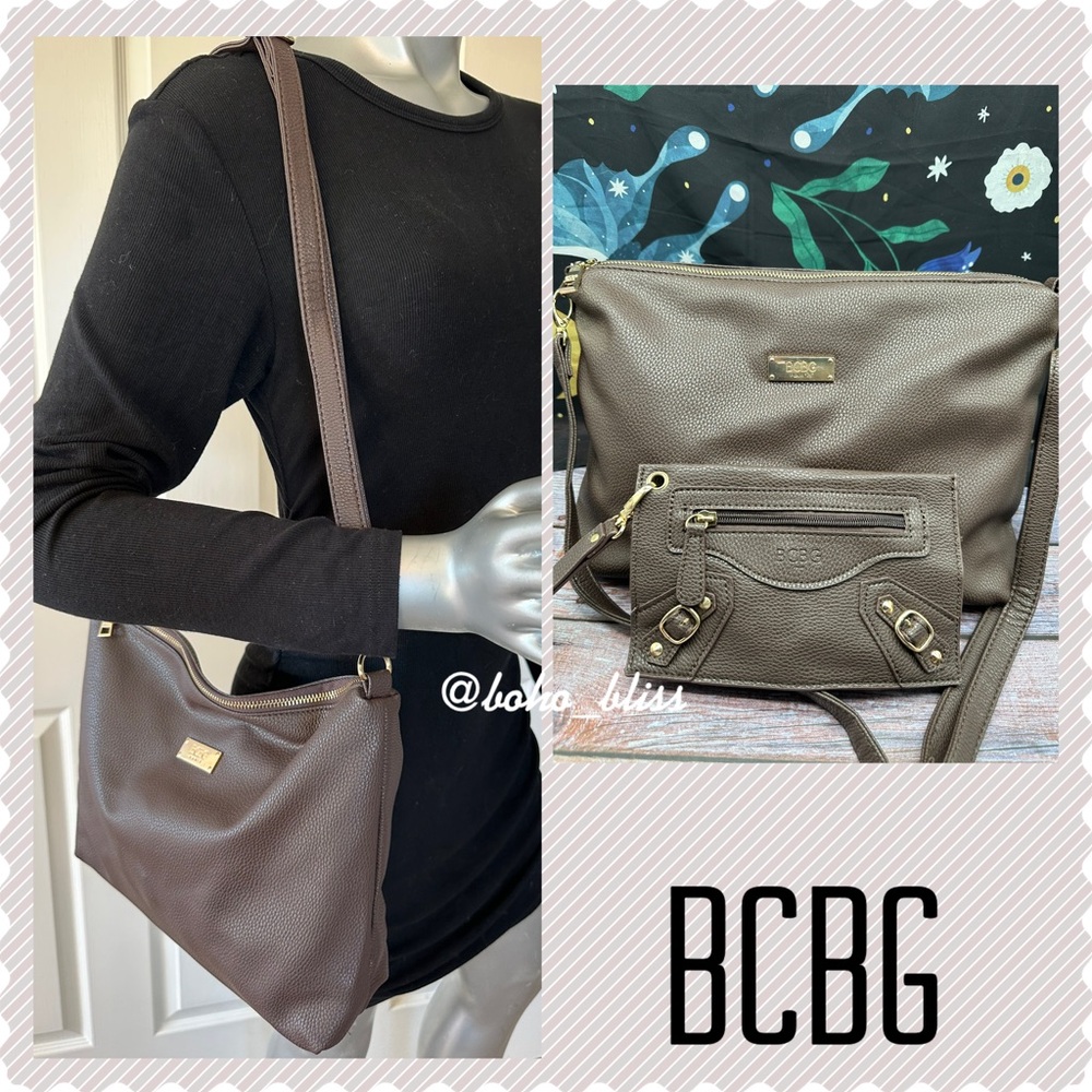 BCBG | 2 Piece Brown Soft Vegan Pebble Leather Bag with Coin Purse Wristlet